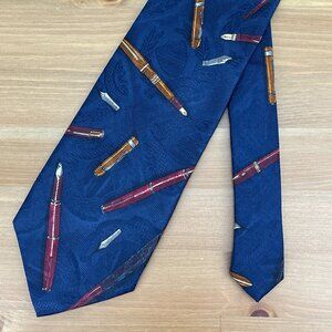 Vintage Robert Talbott Mens Silk Necktie Navy Blue Fountain Pens Designer USA